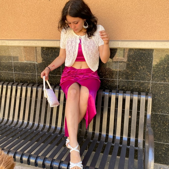 NWT MABLE BRAND Magenta Fuchsia -2 piece skirt w crop top -sz XS S M satin set - Picture 10 of 16